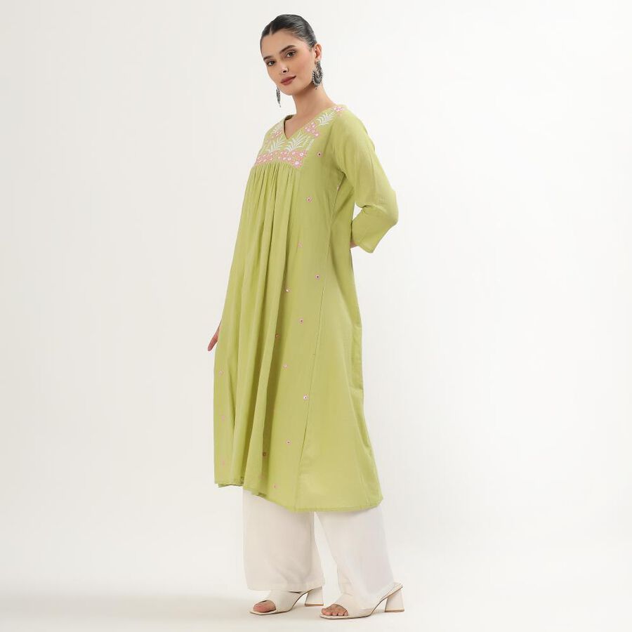 Women's Light Sage Green Cotton V-Neck Embroidered Kurta, Light Green, large image number null