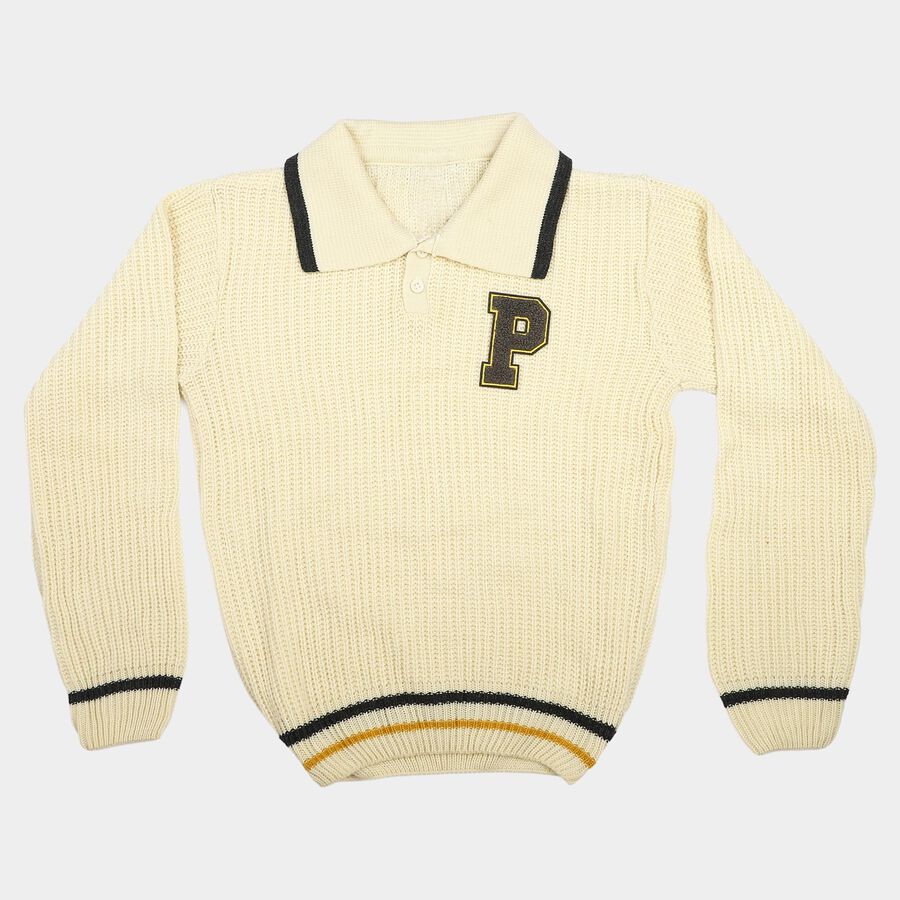 Boys Cream Polo Neck Knitted Pullover, ऑफ व्हाइट, large