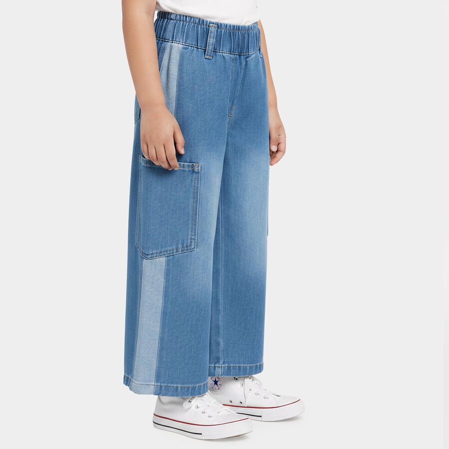 Girls' Light Blue Wide Leg Cargo Style Jeans, मध्यम नीला, large