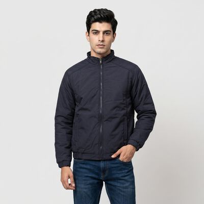 Men's Navy Blue Stand Collar Bomber Jacket