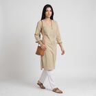 Women's Beige Cotton V-Neck Embellished Kurta, Beige, small