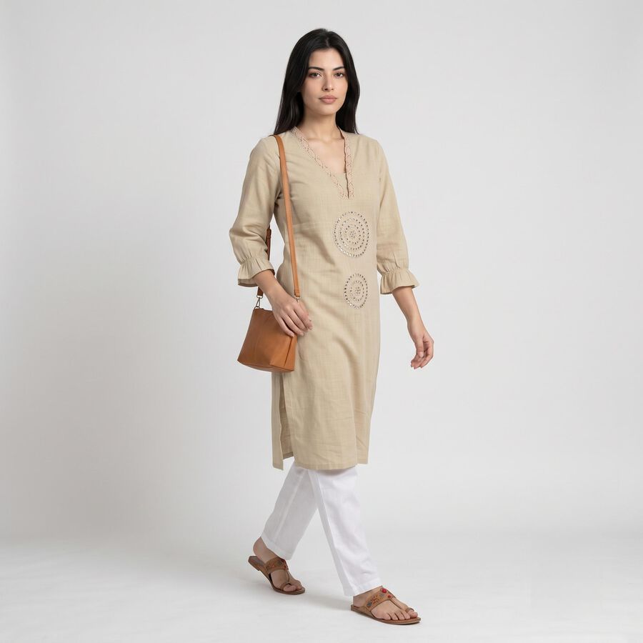 Women's Beige Cotton V-Neck Embellished Kurta, Beige, large