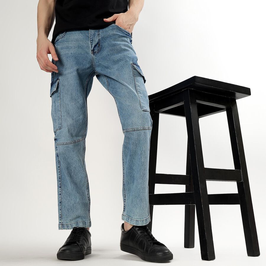 Men's Light Blue Straight Fit Cargo Jeans, Mid Blue, large image number null