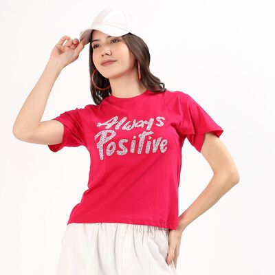 Women's Red Cotton Round Neck Casual T-Shirt