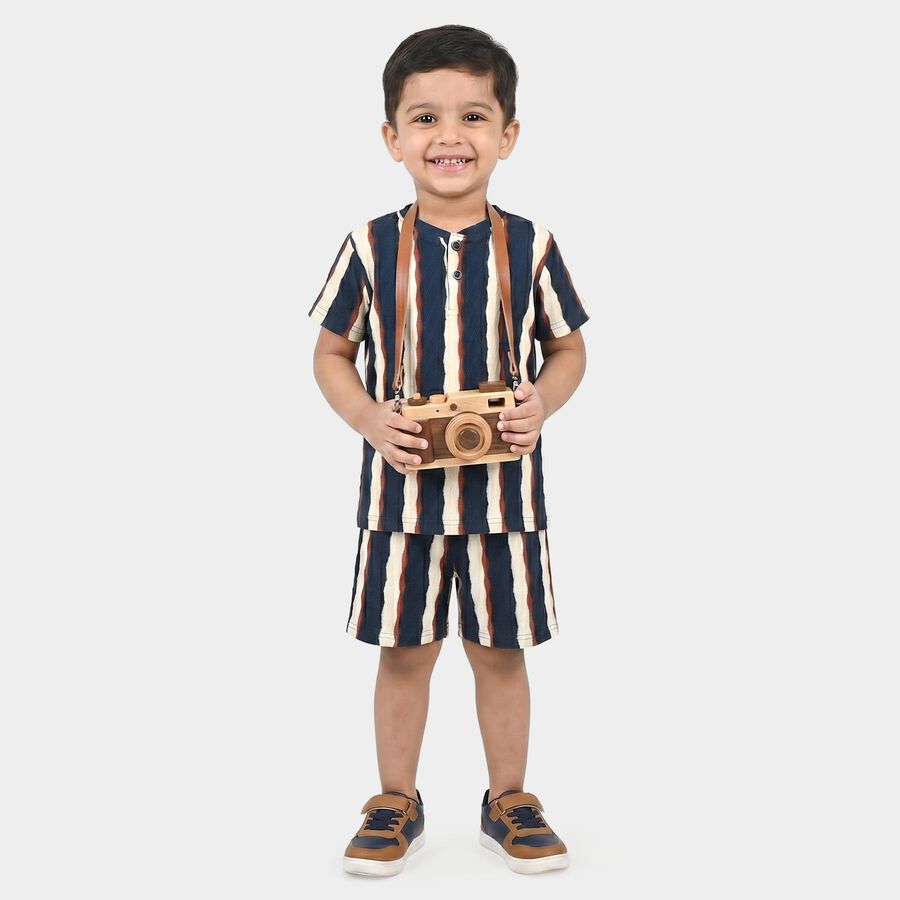 Boys Navy Blue Round Neck Striped Baba Suit, Navy Blue, large
