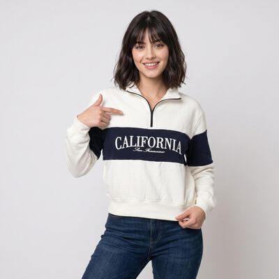 Women Cream High Neck Half-Zip Graphic Print Sweatshirt