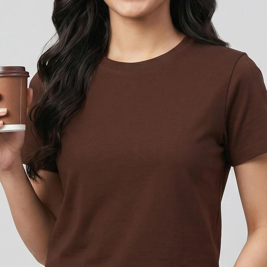 Women's Brown Cotton Blend Round Neck Regular Top, भूरा, large
