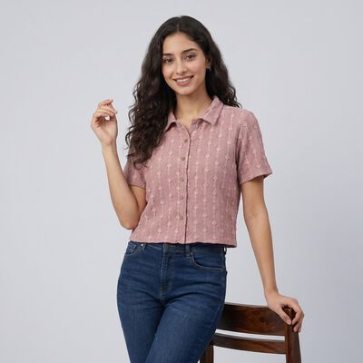 Women's Pink Short Sleeves Collared Regular Fit Shirt