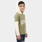 Boys Olive Green Cotton Blend Hooded Neck Regular Boys T-Shirt, Olive, small