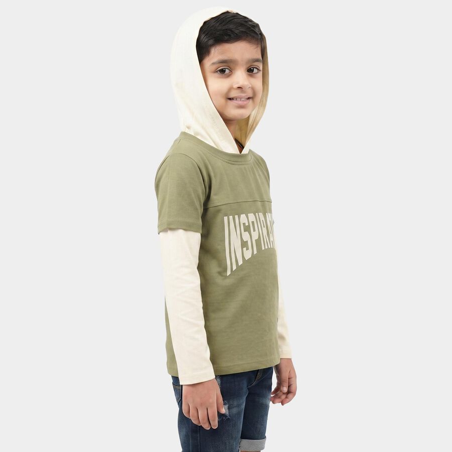 Boys Olive Green Cotton Blend Hooded Neck Regular Boys T-Shirt, Olive, large