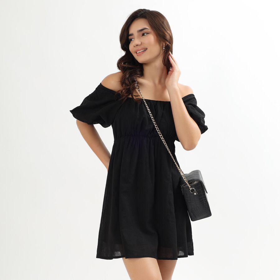 Ladies' Black Cotton Square Neck Empire Dress, Black, large image number null