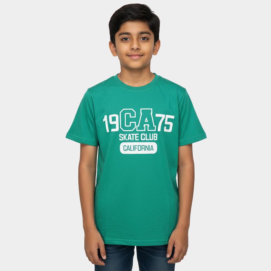 Boys' Dark Green Round Neck Casual T-Shirt, Dark Green, large