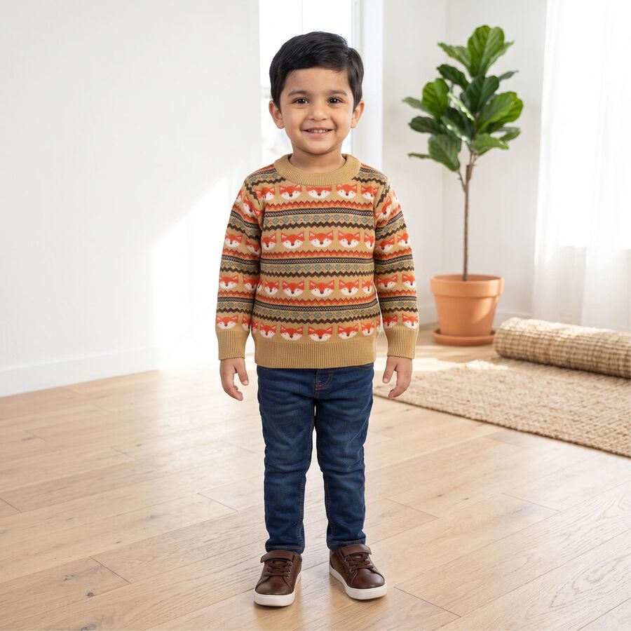 Boys' Beige Crew Neck Printed Pullover, Beige, large
