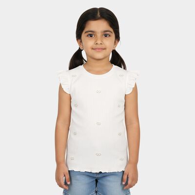 Girls White Round Neck Casual T-Shirt
