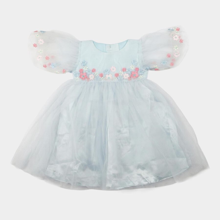 Girls' Light Blue Fit and Flare Embroidered Puff Sleeve Frock, Light Blue, large