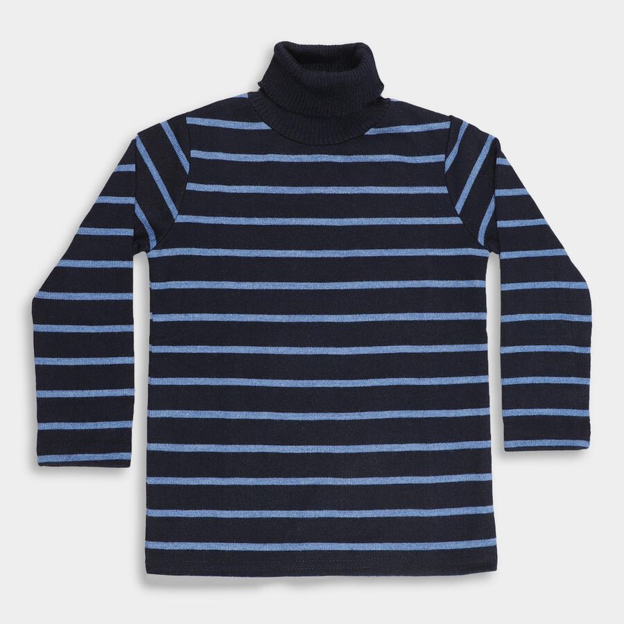 Boys Navy Blue and Light Blue Turtleneck Casual Pullover, मध्यम नीला, large image number null