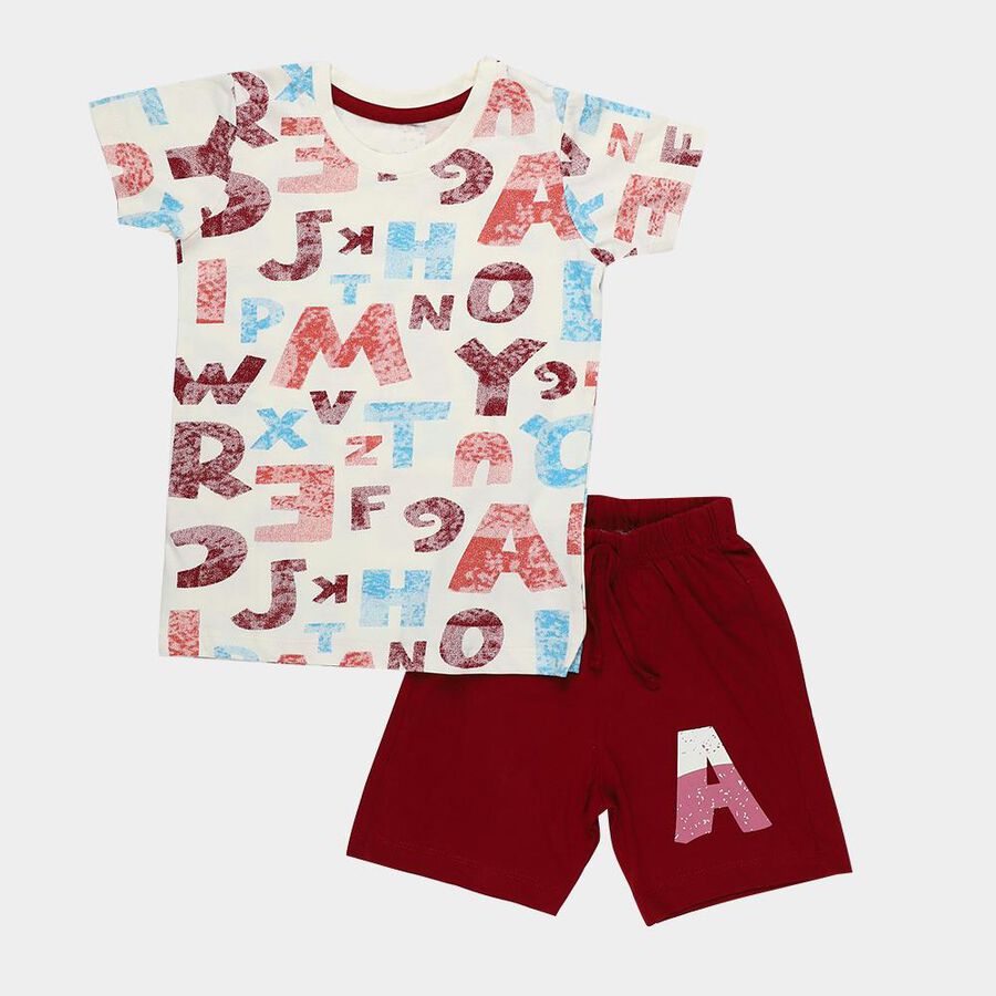 Boys' Off White and Maroon Cotton Round Neck Alphabet Printed Baba Suit, ऑफ व्हाइट, large