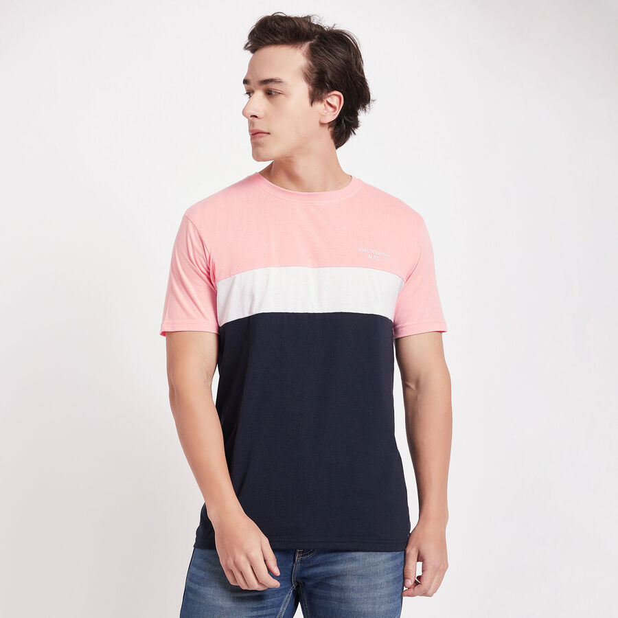 Cut & Sew Round Neck T-Shirt, Peach, large image number null