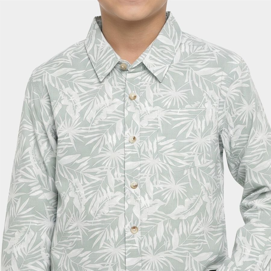Boys' Mint Green Cotton Floral Regular Fit Shirt, Light Green, large