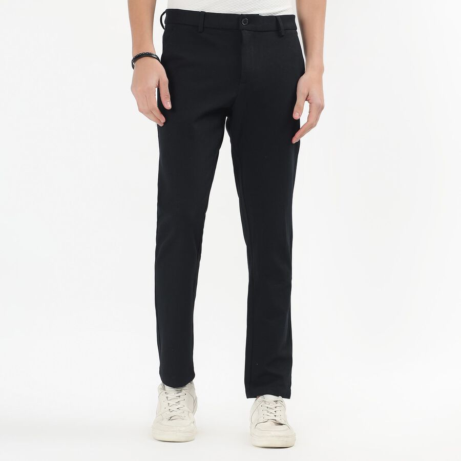 Men's Deep Jet Black Slim Fit Flat-Front Casual Trousers, नेवी ब्लू, large