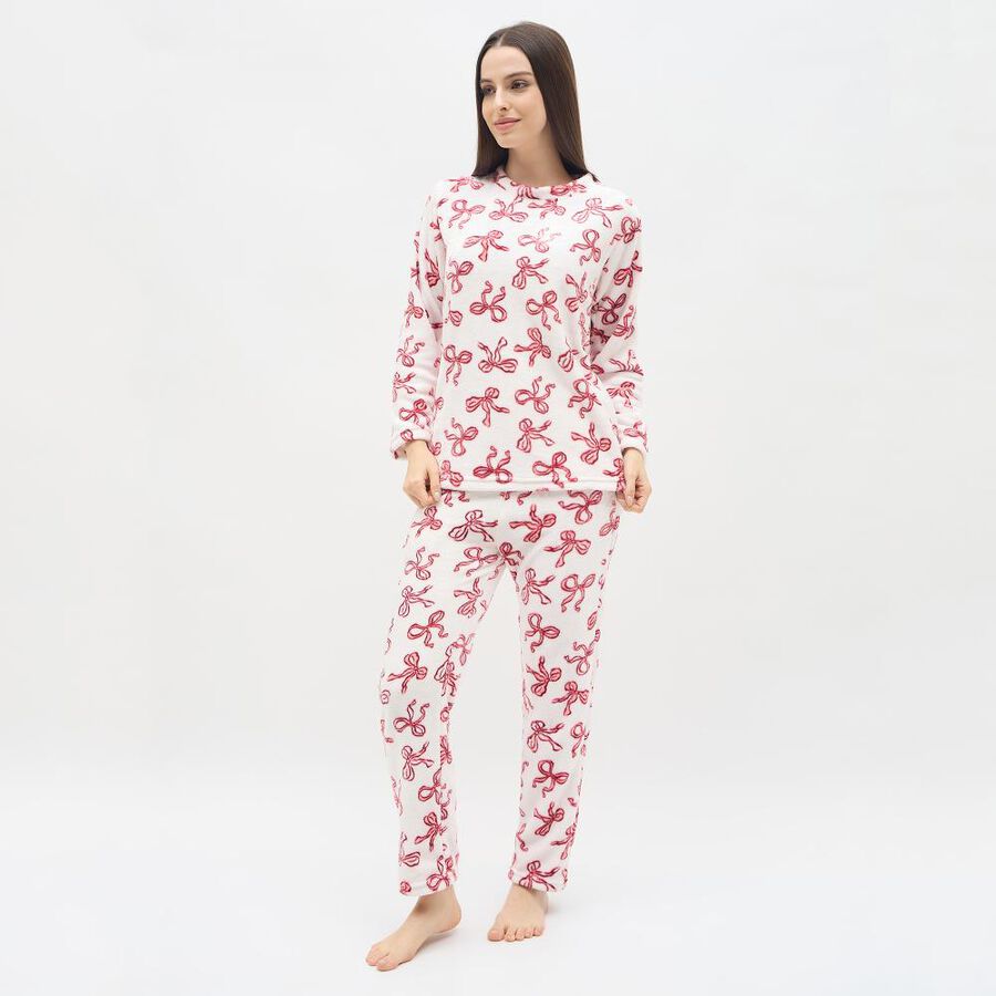 Women's White and Red Bow Printed Fleece Pyjama Set, लाल, large image number null