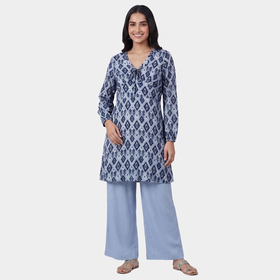 Women's Blue Round Neck Solid Kurta, हल्का नीला, large