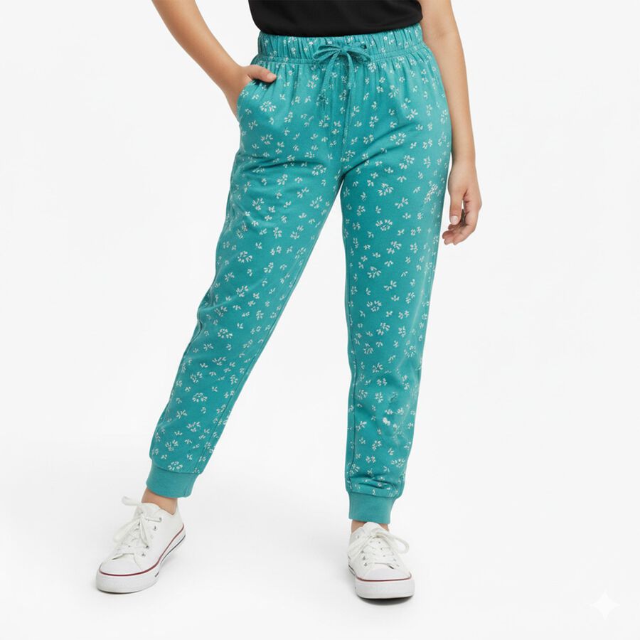 Girls' Teal Floral Printed Cotton Blend Pyjama, Light Green, large image number null