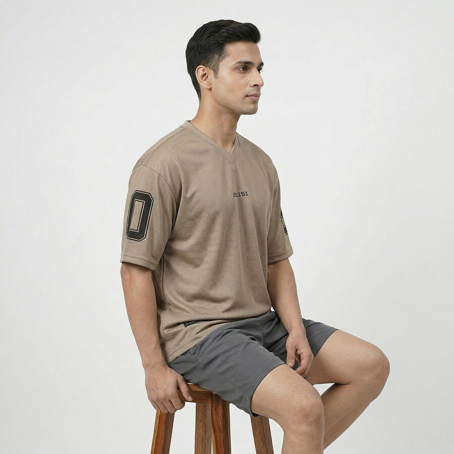 Men's Beige Crew Neck Athleisure T-Shirt, Beige, large