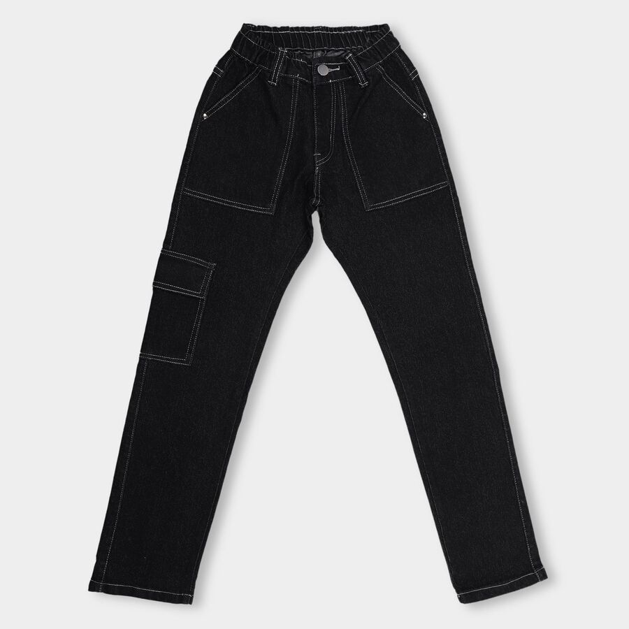 Girls' Jet Black Slim Fit Cargo Jeans, Black, large image number null