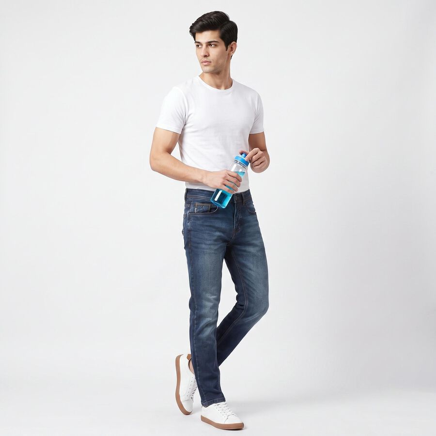Men's Navy Blue Slim Fit Washed Jeans, गहरा नीला, large