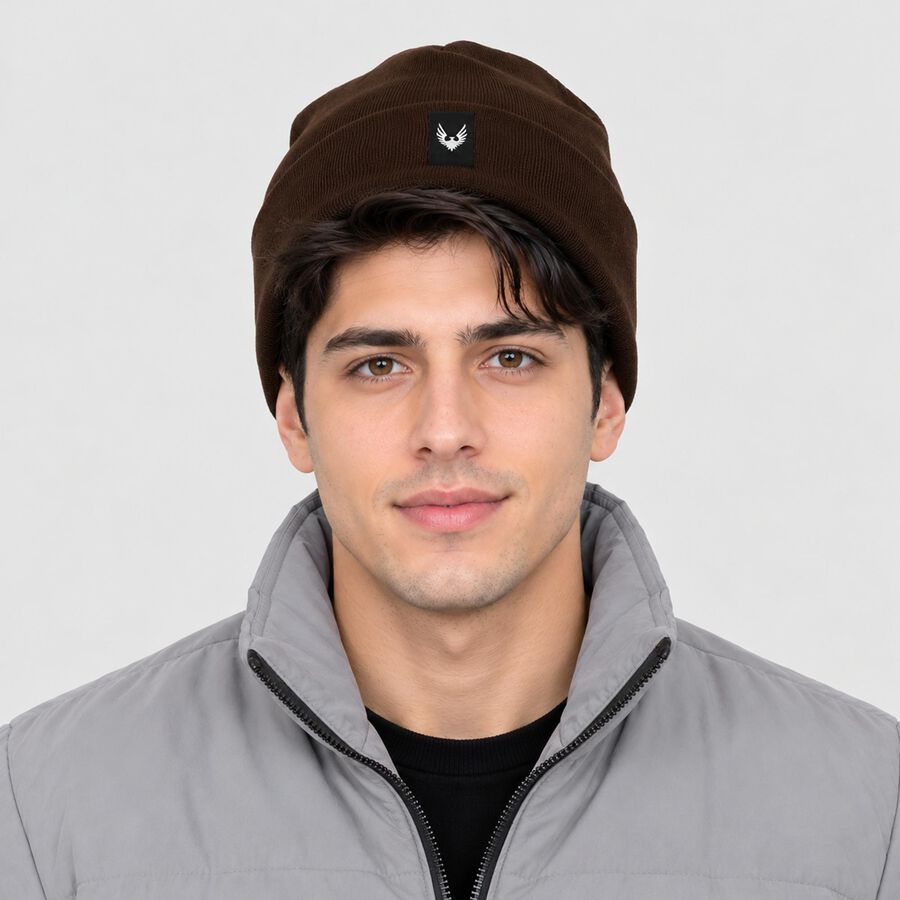 Men's Brown Cuffed Logo Beanie Cap, Brown, large