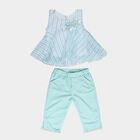 Girls' Mint Green Round Neck Striped and Floral Embellished Top and Capri Set, हल्का हरा, small
