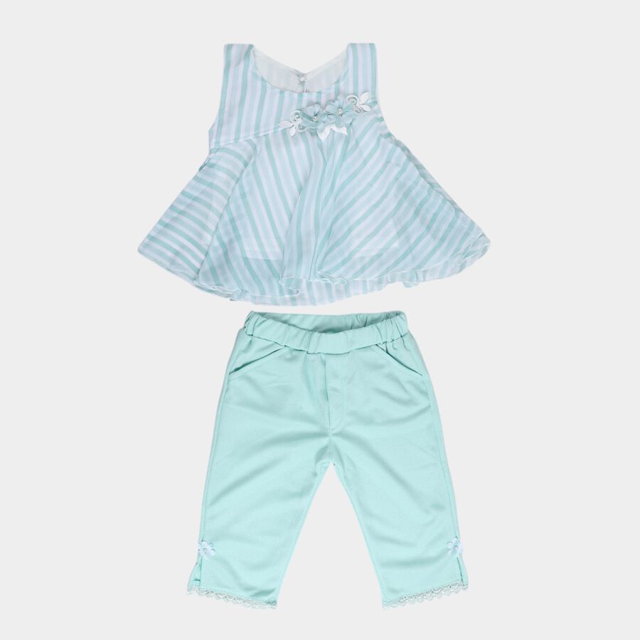 Girls' Mint Green Round Neck Striped and Floral Embellished Top and Capri Set, हल्का हरा, large