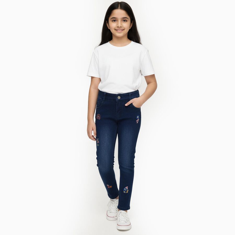 Girls Dark Indigo Slim Fit Embroidered Jeans, मध्यम नीला, large image number null