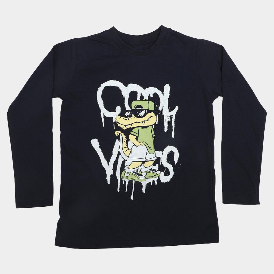 Boys Navy Blue Cotton Blend Crew Neck Regular Boys T-Shirt, Navy Blue, large