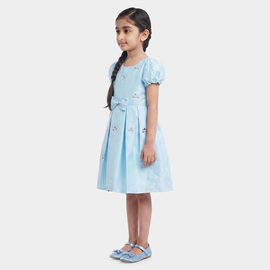 Girls' Aqua Fit and Flare Embellished Bow Detail Frock, एक्वा, large