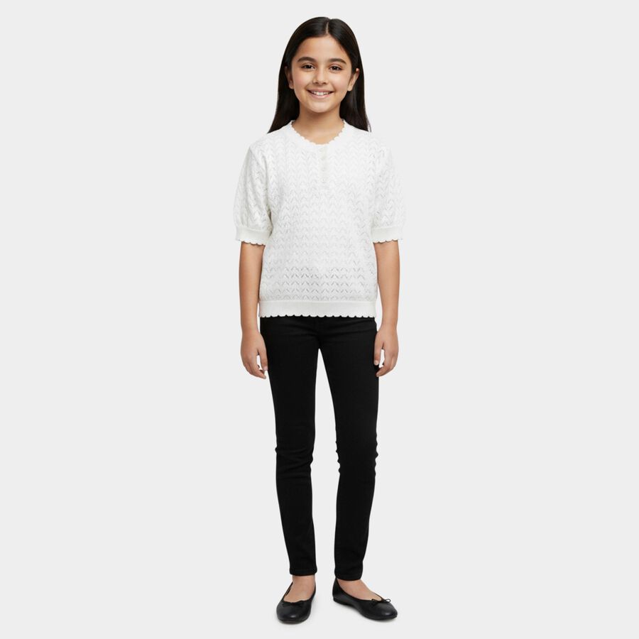 Girls' White Round Neck Casual T-Shirt, White, large
