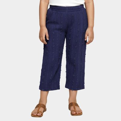 Girls' Deep Navy Blue Wide-Leg Textured Trousers