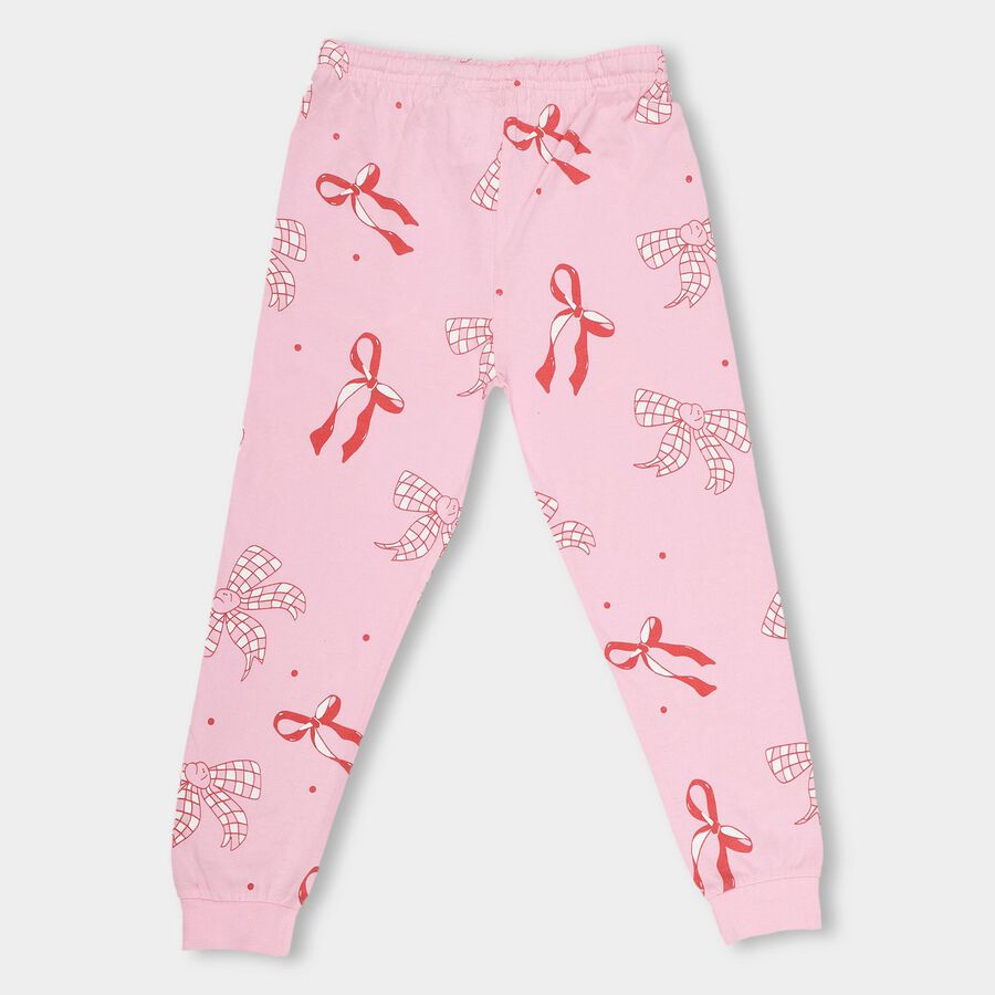 Girls' Soft Pink Bow Printed Jogger Pyjama, Light Pink, large image number null