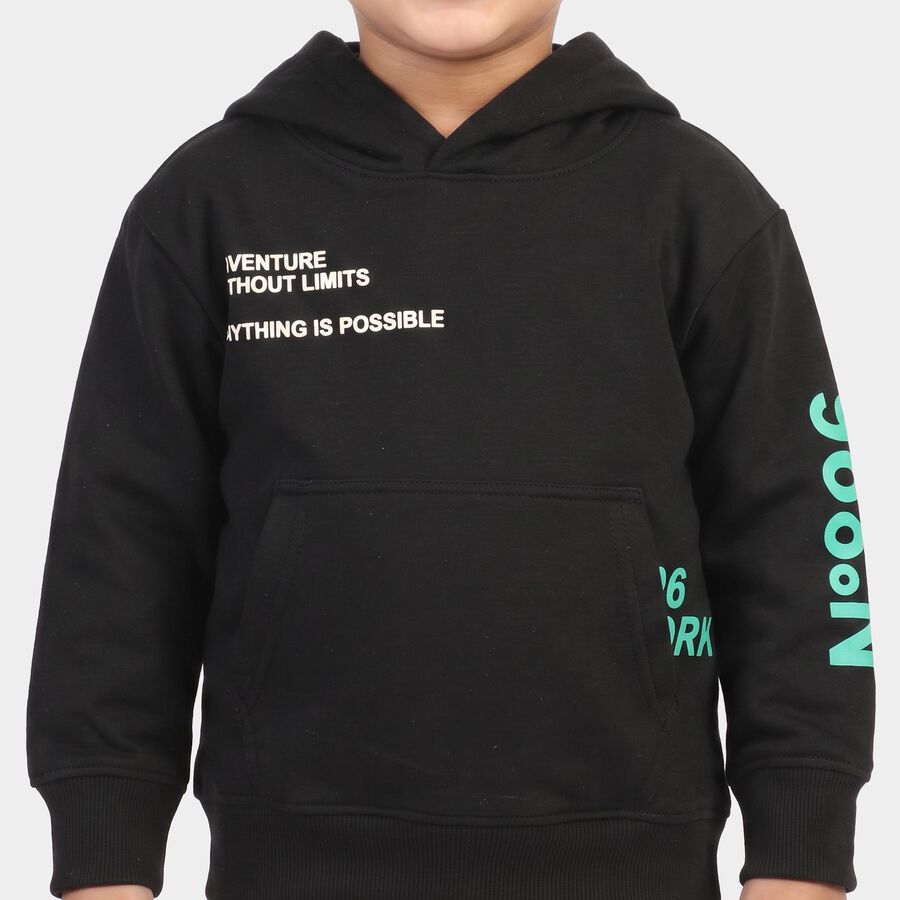 Boys' Black Hoodie Neck Graphic Sweatshirt, काला, large