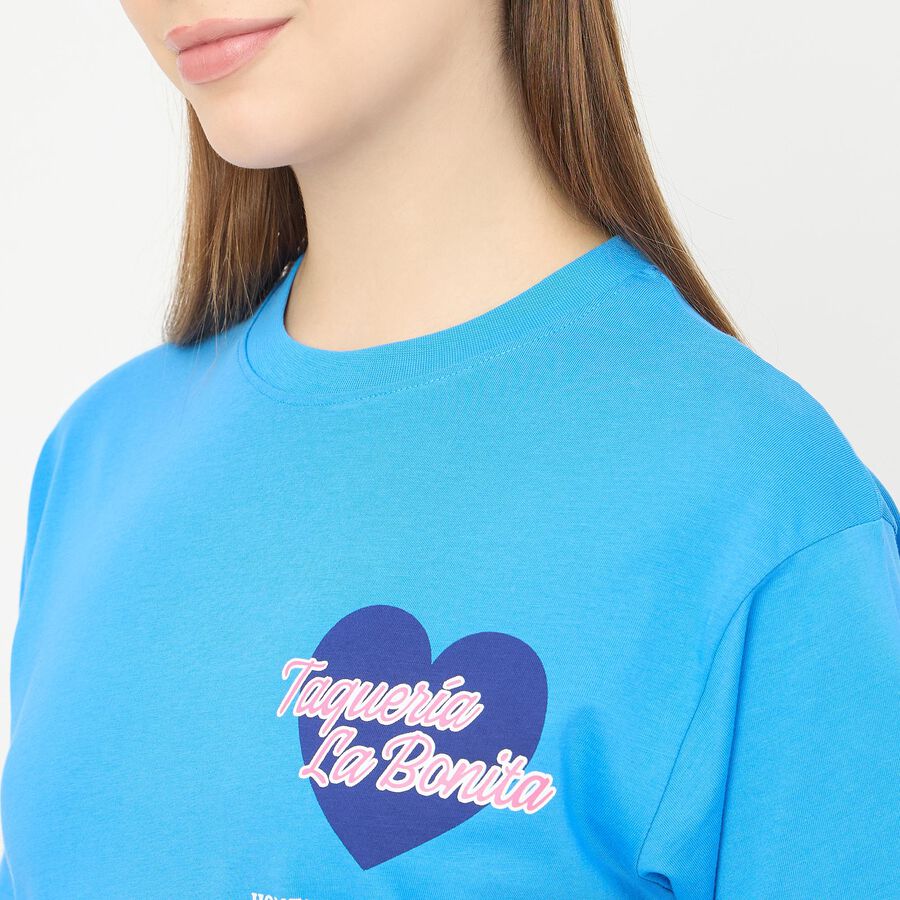 Women's Blue Cotton Round Neck Casual T-Shirt, Blue, large