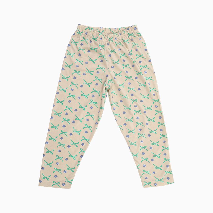 Girls Beige Bow and Floral Printed Cotton Blend Pyjama, गहरा पीला, large image number null