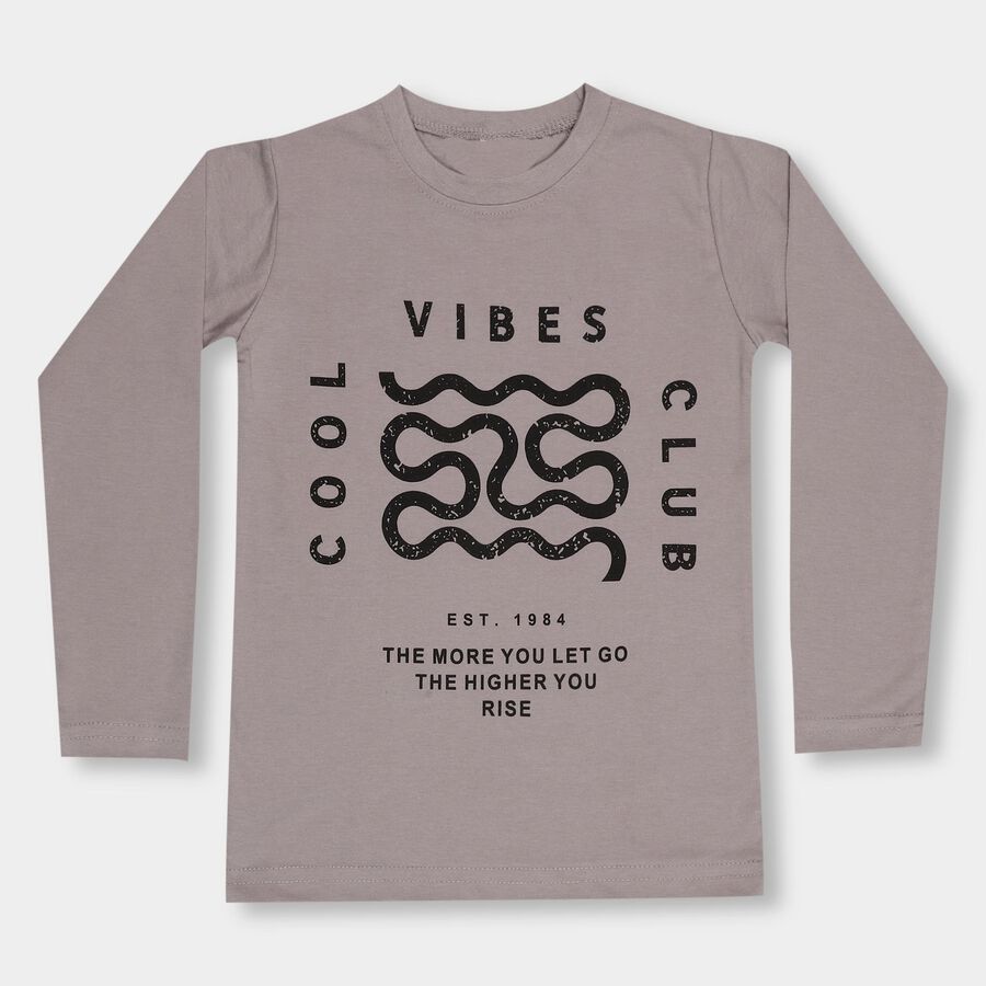 Boys' Light Grey Round Neck Casual Full Sleeve T-Shirt, Light Grey, large image number null