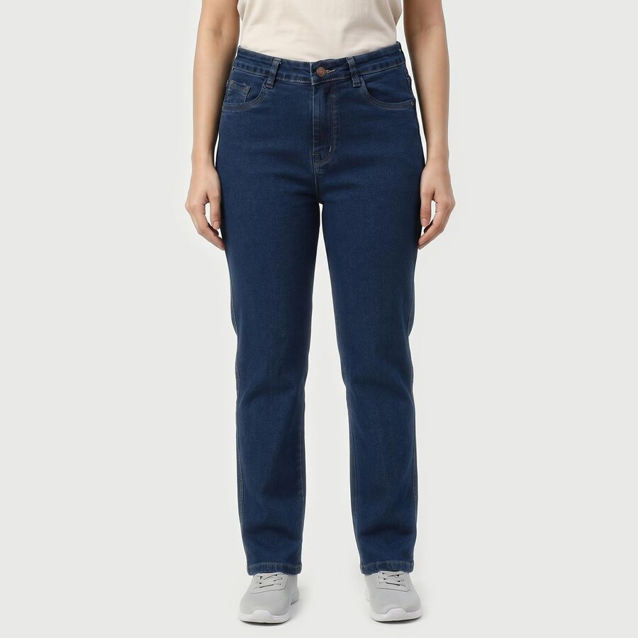 Women's Navy Blue Straight Fit Classic Jeans, मध्यम नीला, large