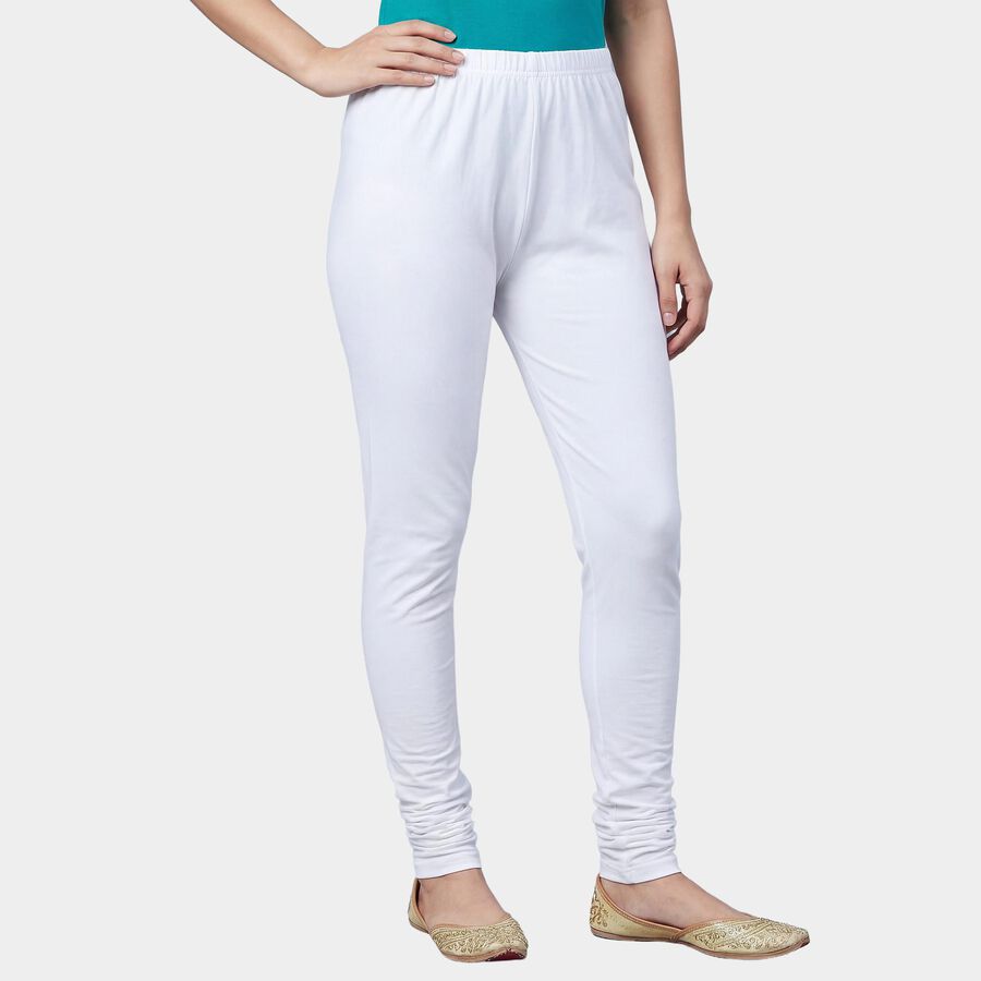Women's White Slim Fit Solid Cotton Churidar, White, large