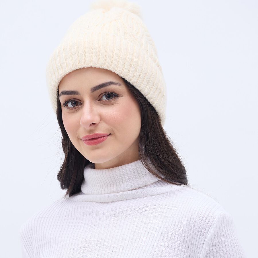 Women's Cream Knitted Pom-Pom Beanie Cap, गहरा पीला, large image number null
