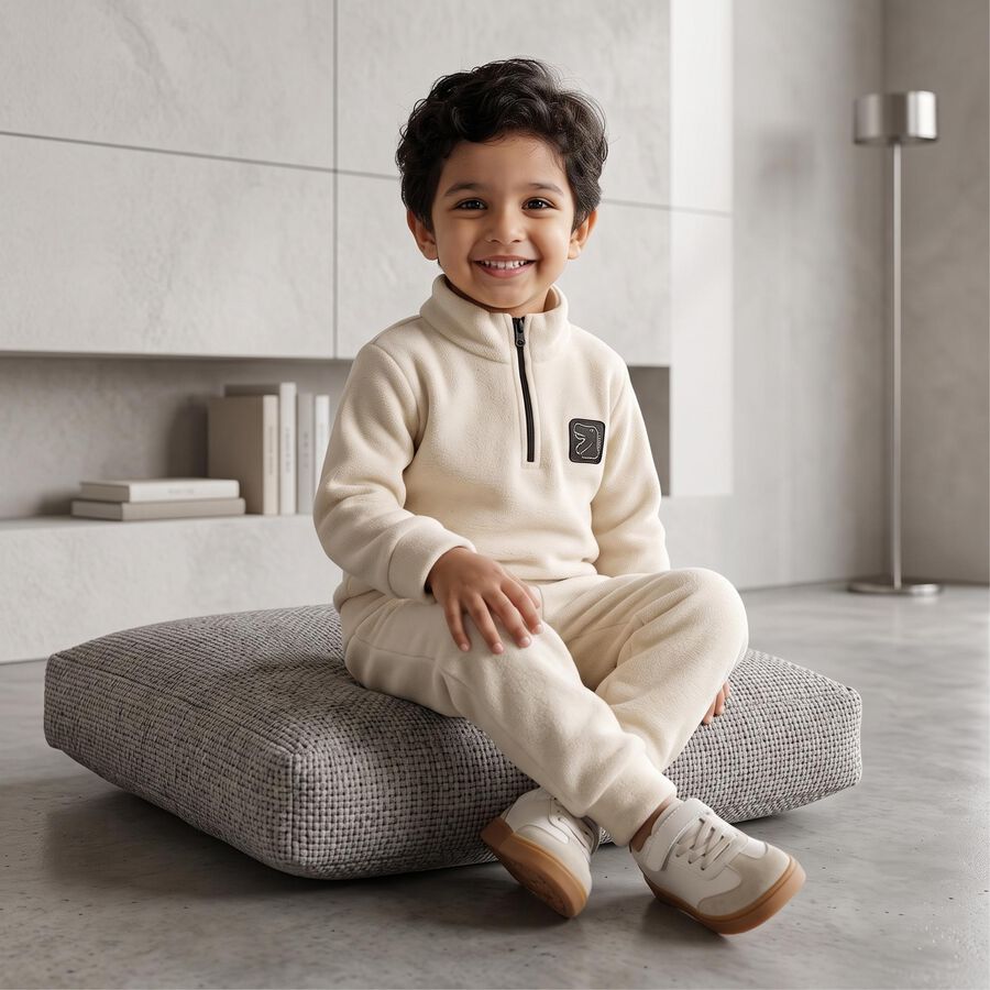 Boys Beige High Neck Appliqu&eacute; Baba Suit, गहरा पीला, large