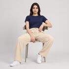 Women's Beige Wide Leg Drawstring Track Pants, Beige, small