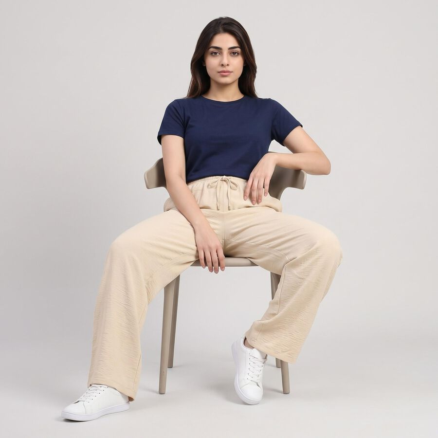 Women's Beige Wide Leg Drawstring Track Pants, Beige, large