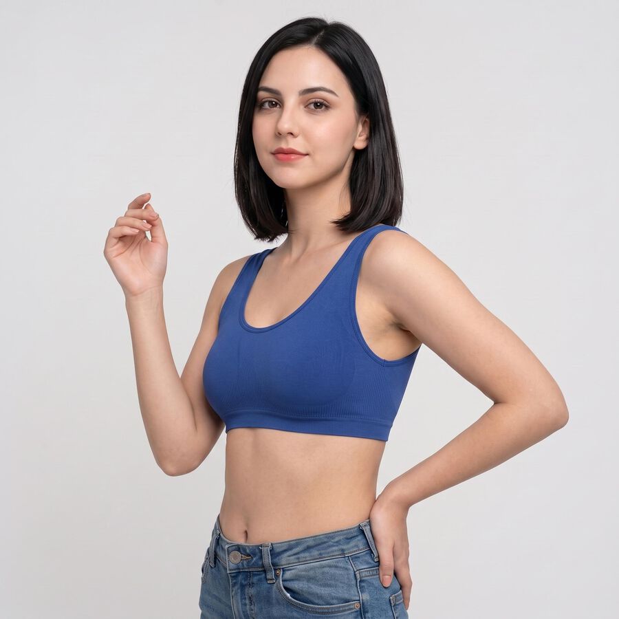 Women's Blue Scoop Neck Sports Bra, Mid Blue, large